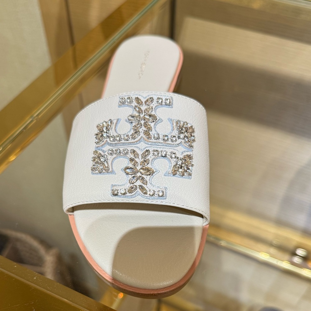 Tory Burch Women Everly Embellished Large Crystal Logo Flat Slide Sandal